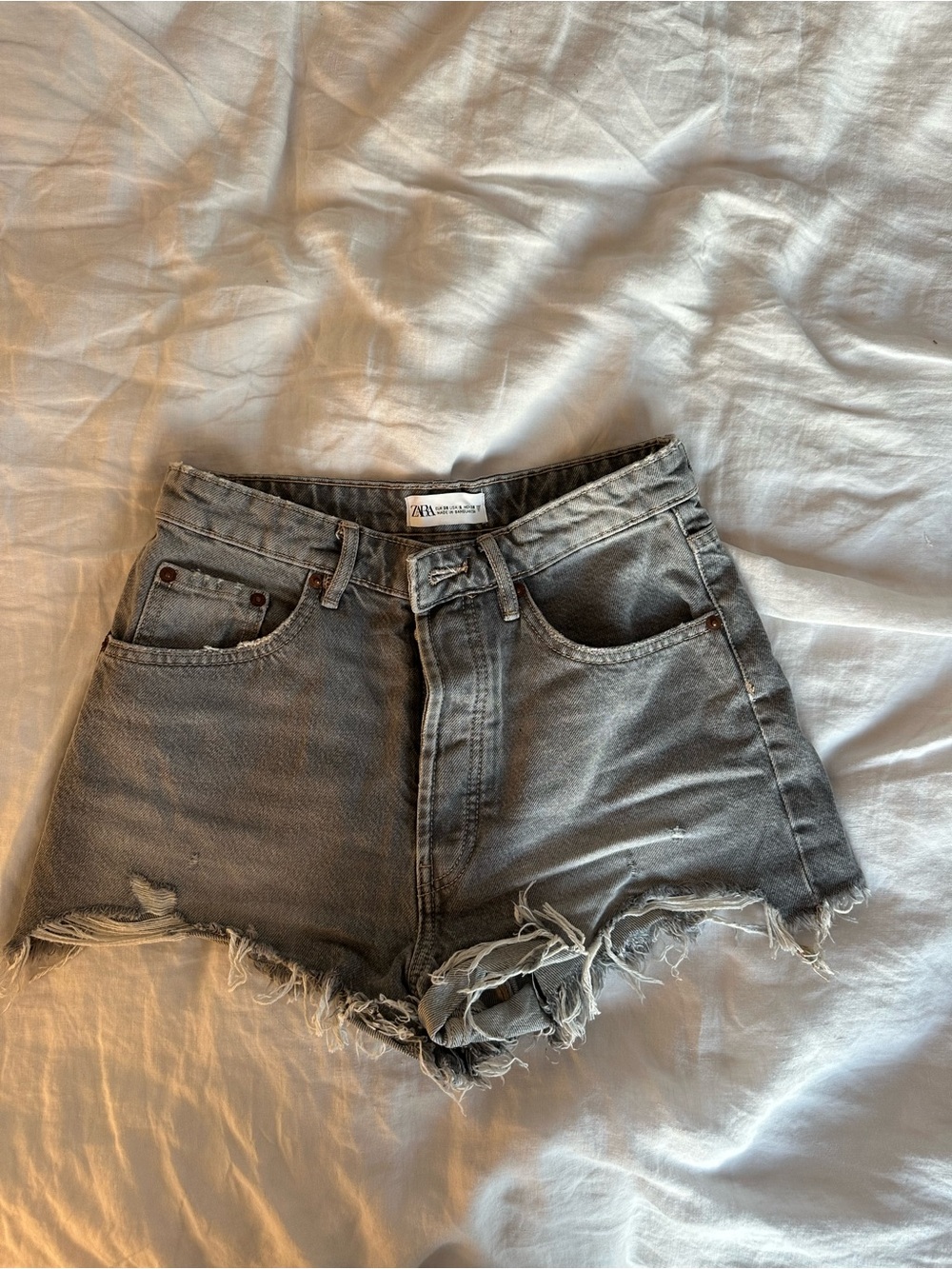 Zara Gray Distressed High-Rise Denim Shorts